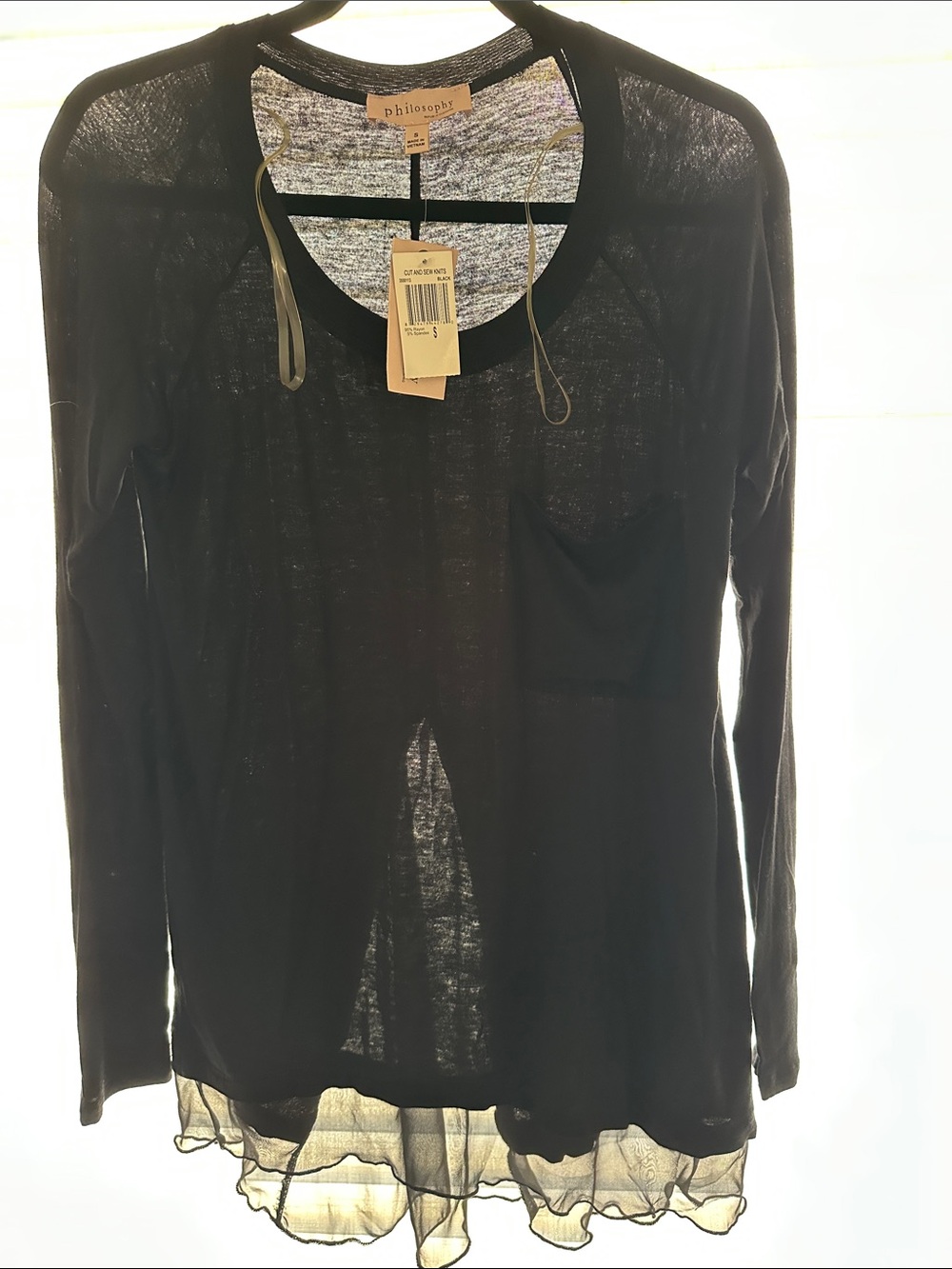 New w/ Tag - Philosophy Black Sheer Long-Sleeve Top with Ruffle Hem